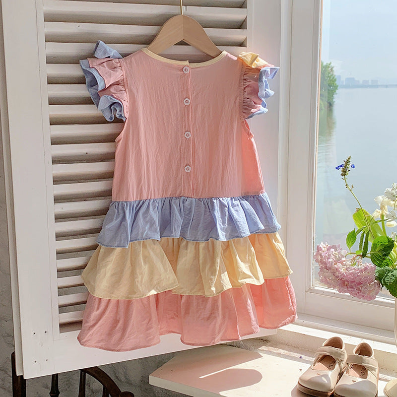 Design Summer Kids Girls Colorful Color Patchwork Short Sleeves Crew Neck Ruffle Dress-1
