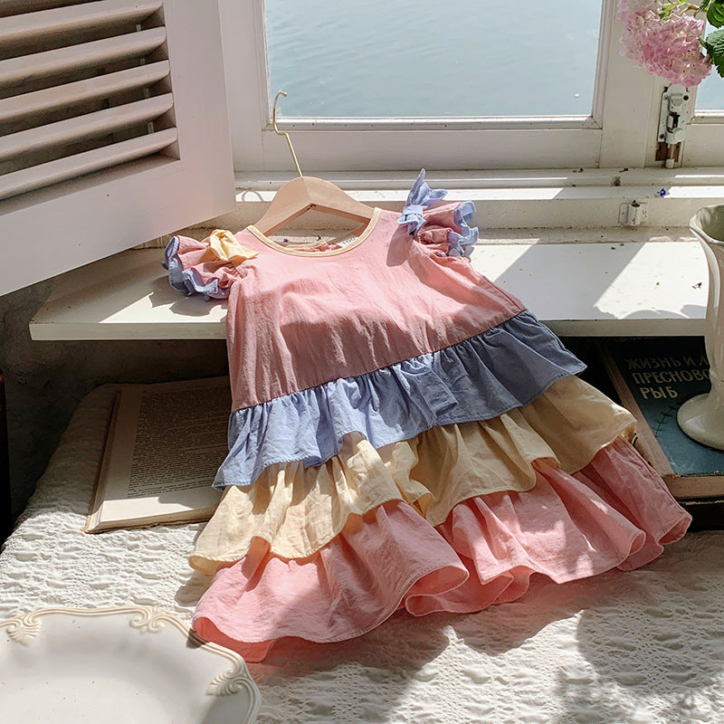 Design Summer Kids Girls Colorful Color Patchwork Short Sleeves Crew Neck Ruffle Dress-2