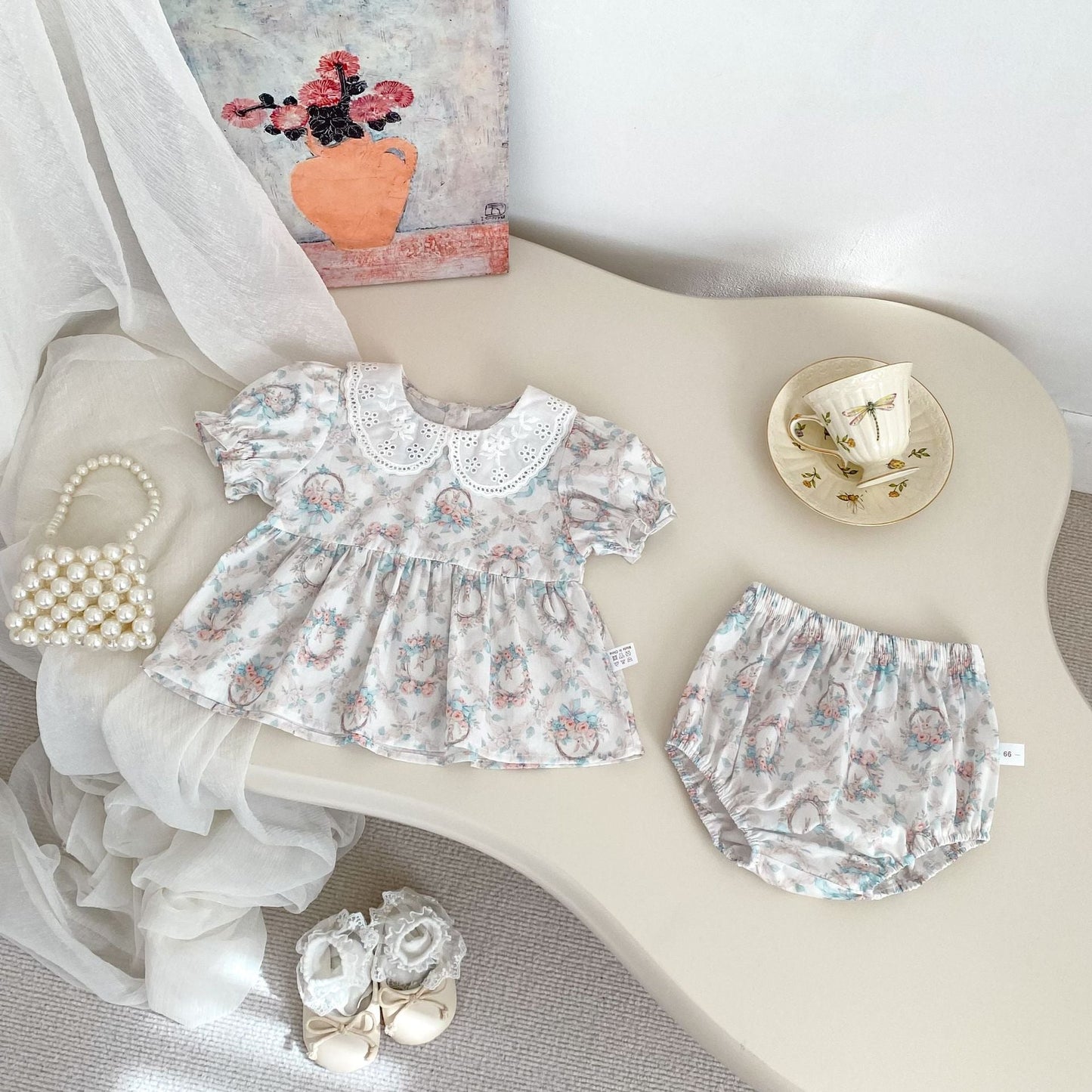 Summer Baby Kids Girls Floral Pattern Short Sleeves Dress and Bloomers Clothing Set-2