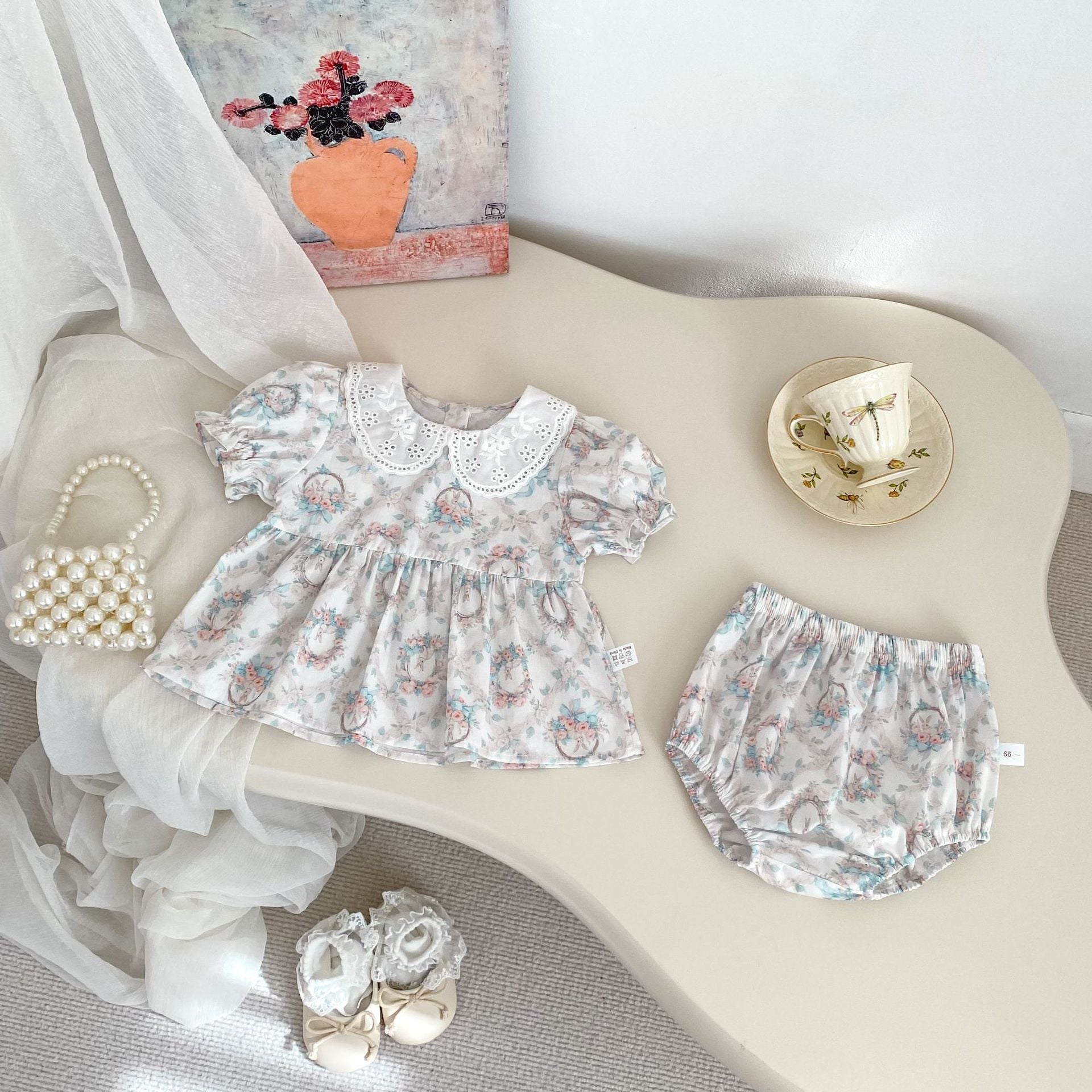 Summer Baby Kids Girls Floral Pattern Short Sleeves Dress and Bloomers Clothing Set-2