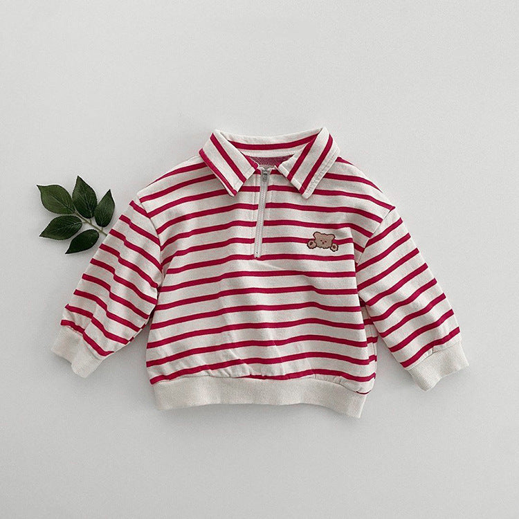 Baby Cute Bear Embroidered & Striped Pattern Polo Neck Cotton Hoodies-2