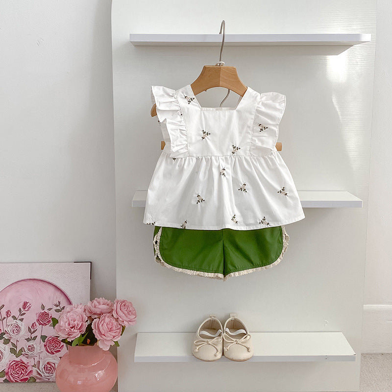 Summer Arrival Floral Pattern Fly Sleeves Square Neck Top and Shorts Set/Dress for Stylish Girls-1