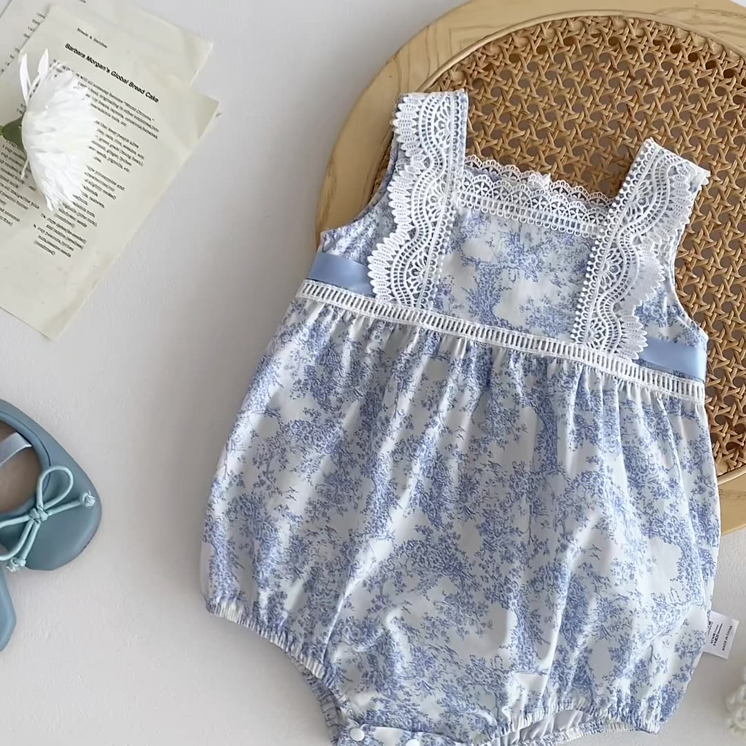 Design Summer Girls Floral Print Lace Strap Thin Onesies-3