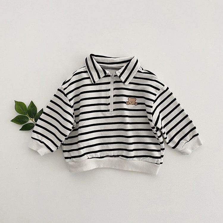 Baby Cute Bear Embroidered & Striped Pattern Polo Neck Cotton Hoodies-3