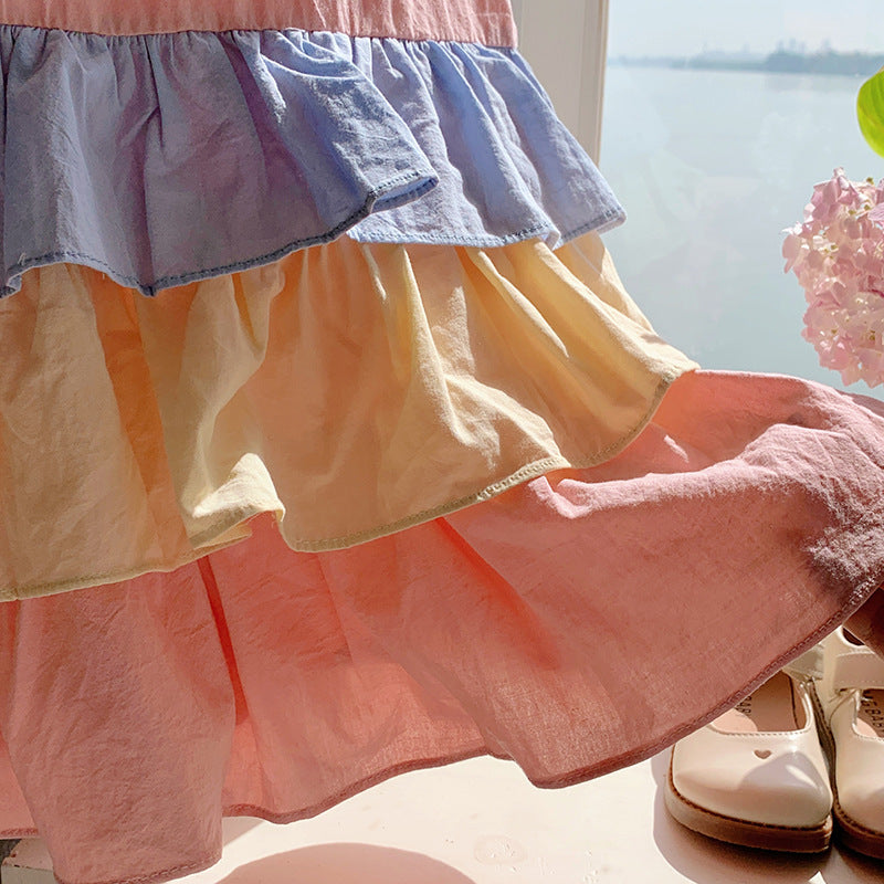 Design Summer Kids Girls Colorful Color Patchwork Short Sleeves Crew Neck Ruffle Dress-3
