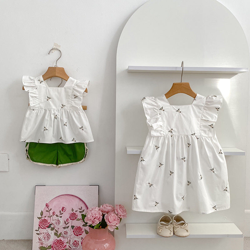 Summer Arrival Floral Pattern Fly Sleeves Square Neck Top and Shorts Set/Dress for Stylish Girls-0