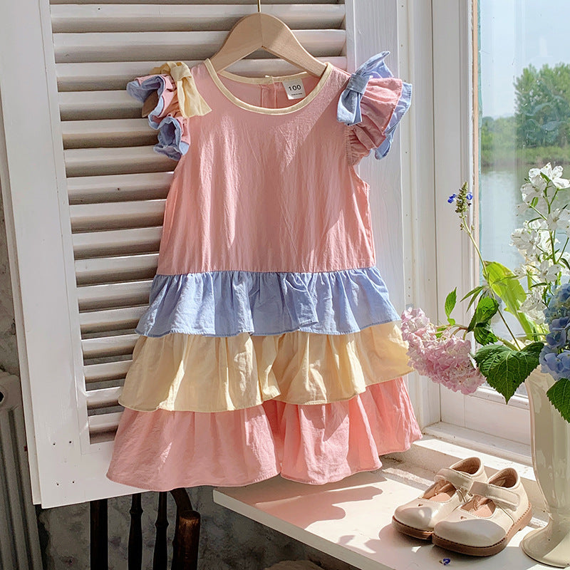 Design Summer Kids Girls Colorful Color Patchwork Short Sleeves Crew Neck Ruffle Dress-0