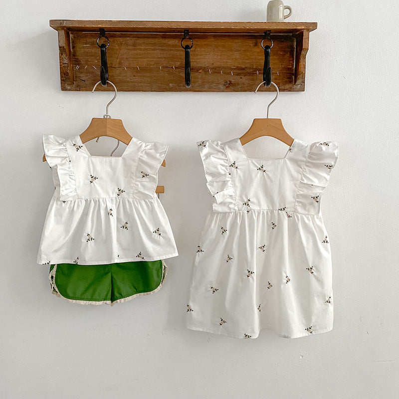 Summer Arrival Floral Pattern Fly Sleeves Square Neck Top and Shorts Set/Dress for Stylish Girls-4