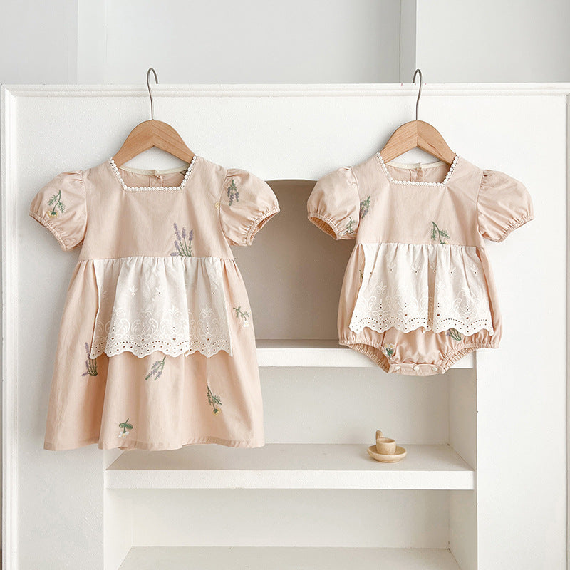 Summer Baby Girls French-style Flowers Embroidery Pattern Short-sleeved Onesies and Dress – Princess Sister Matching-0