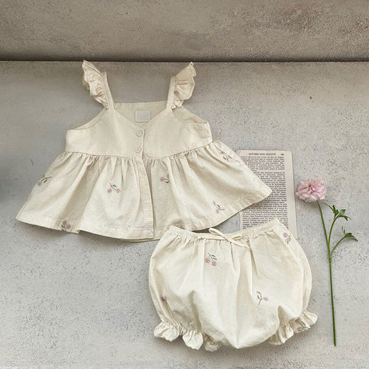 Baby Girl 1pc Floral Embroidered Graphic Ruffle Sling Tops & Shorts Sets-0