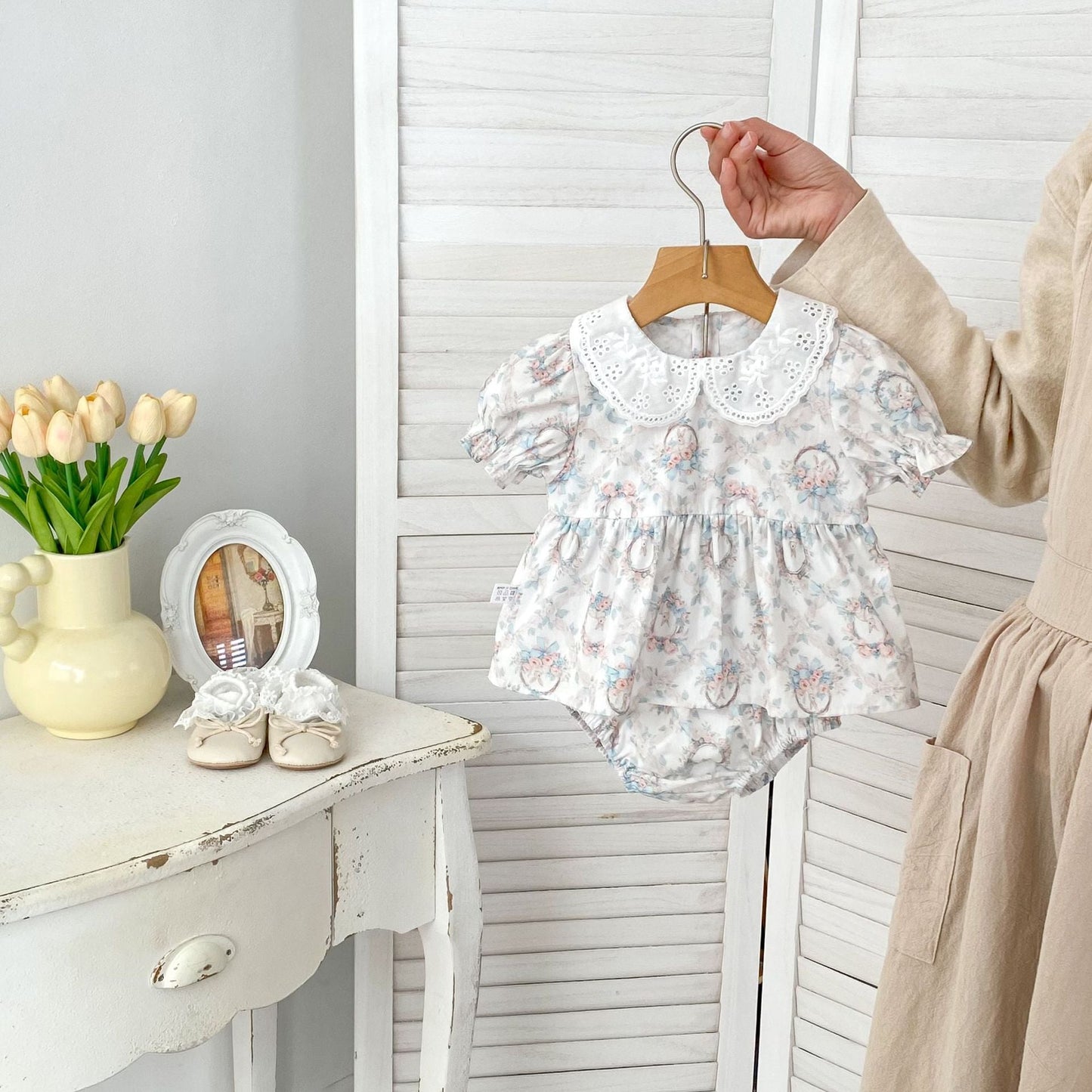 Summer Baby Kids Girls Floral Pattern Short Sleeves Dress and Bloomers Clothing Set-1